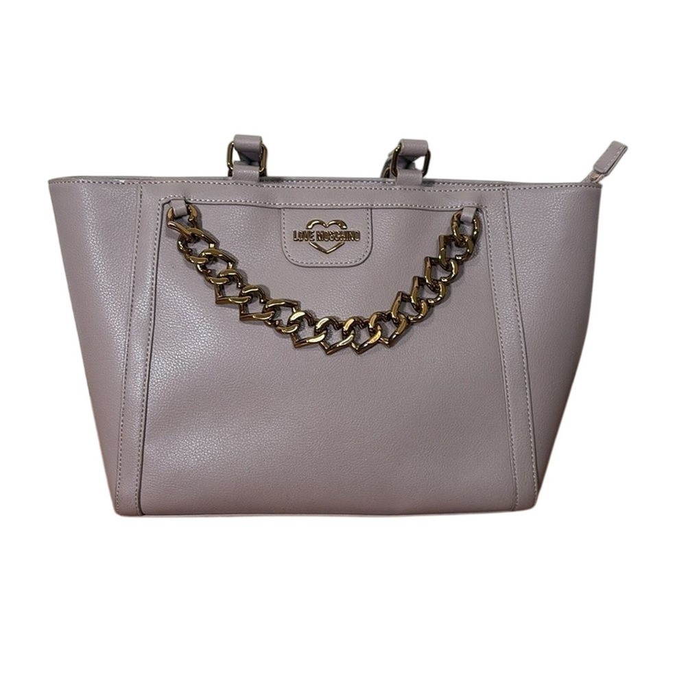 LOVE MOSCHINO Chain Shopper Tote Bag‎ Purse Taupe Light Grey